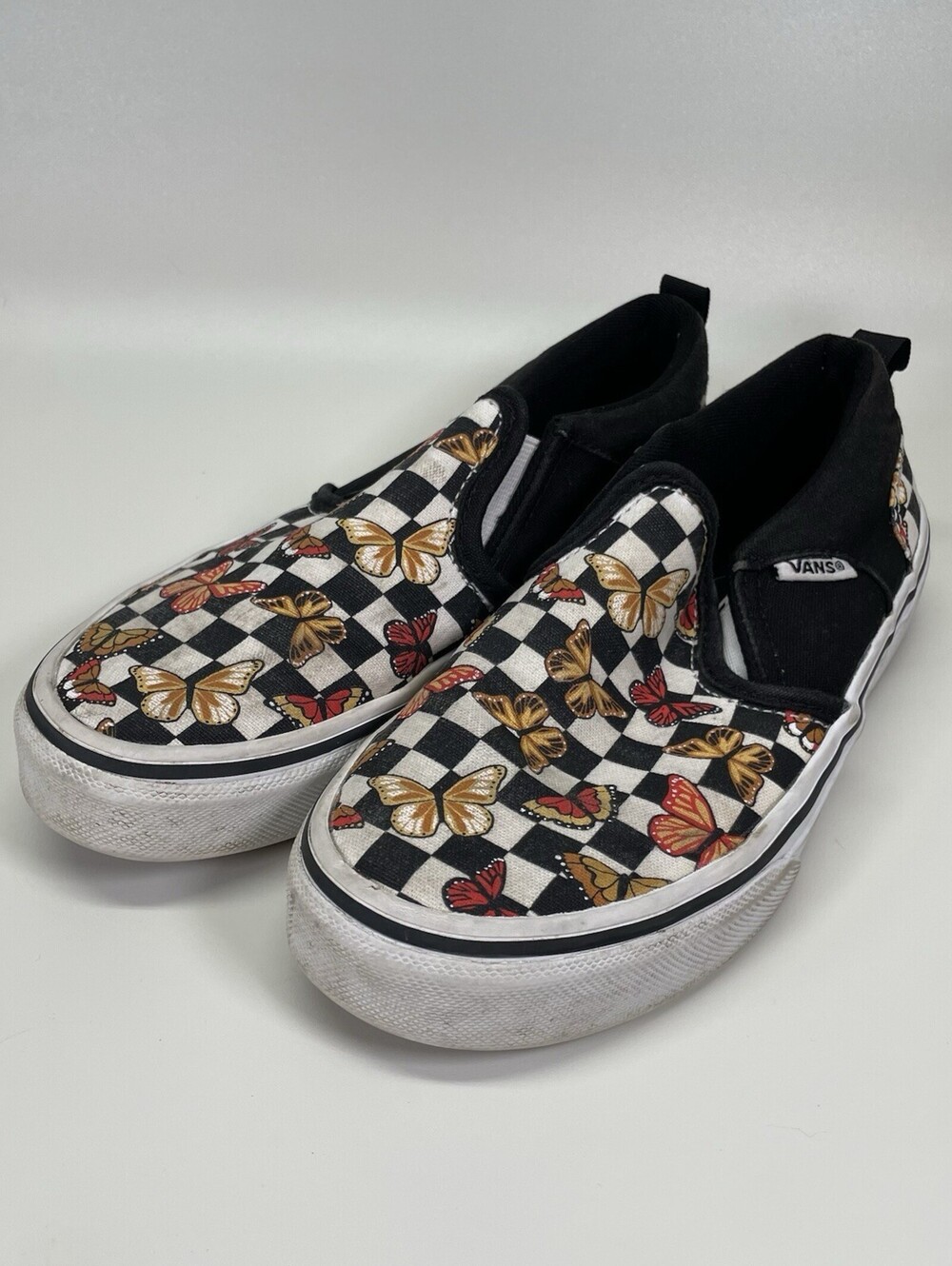 Vans Classic Slip-On Butterfly Checkerboard Women’s Size 2 Black White Floral